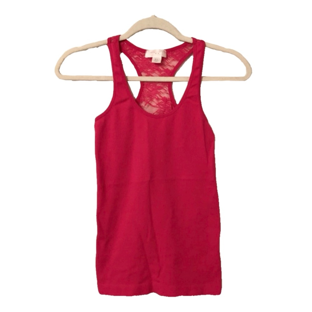 Y2K Hot-Pink Ribbed Lace Back Tank Top